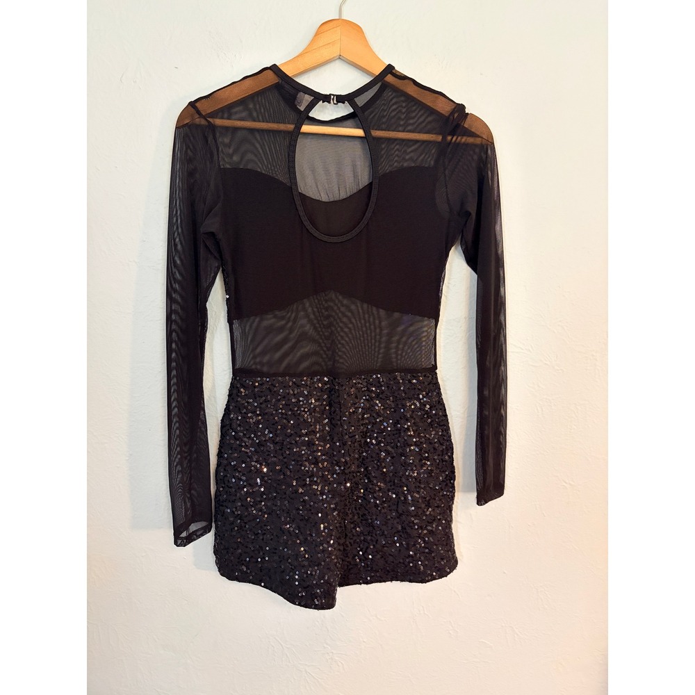 Alexandra Collection Sequin Romper Small Black Mesh Long Sleeve Dance Concert - Picture 2 of 11